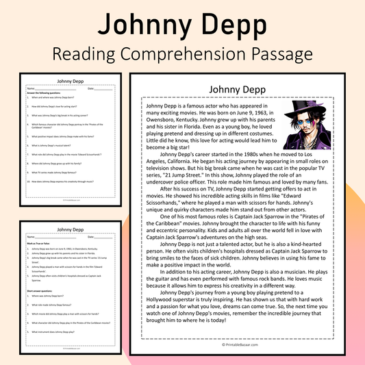 Johnny Depp | Reading Comprehension Passage Printable Activity