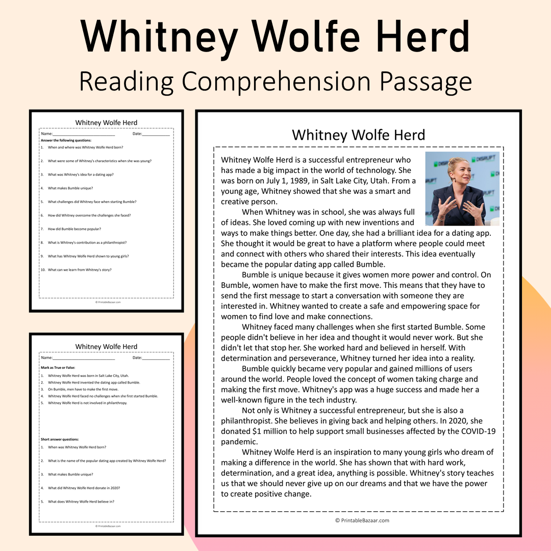 Whitney Wolfe Herd | Reading Comprehension Passage Printable Activity