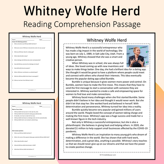 Whitney Wolfe Herd | Reading Comprehension Passage Printable Activity