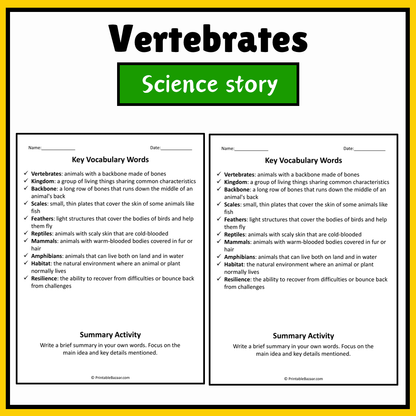 Vertebrates | Science Story Reading Comprehension Activity