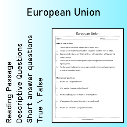 European Union | Reading Comprehension Passage Printable Worksheet