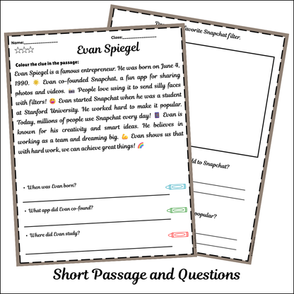 Evan Spiegel | Short Reading Comprehension Creative Worksheet
