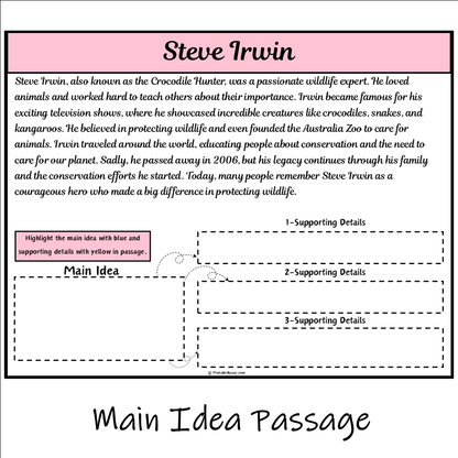 Steve Irwin | Main Idea and Supporting Details Reading Passage and Questions