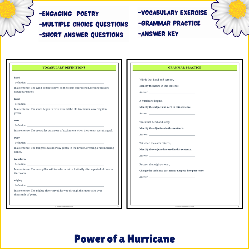 Power of a Hurricane | Poem Grammar Worksheet Printable Activity