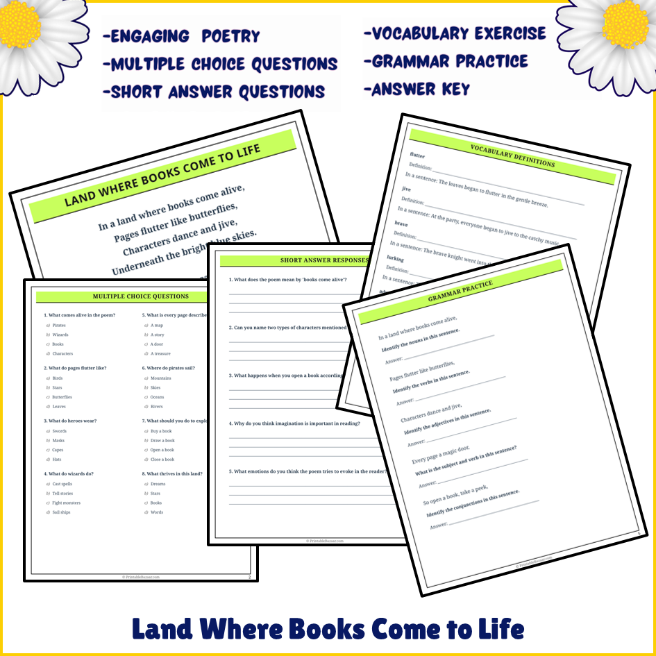 Land Where Books Come to Life | Poem Grammar Worksheet Printable Activity