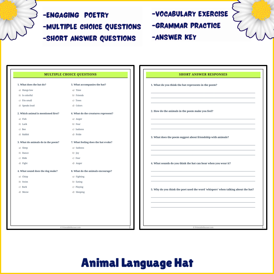 Animal Language Hat | Poem Grammar Worksheet Printable Activity