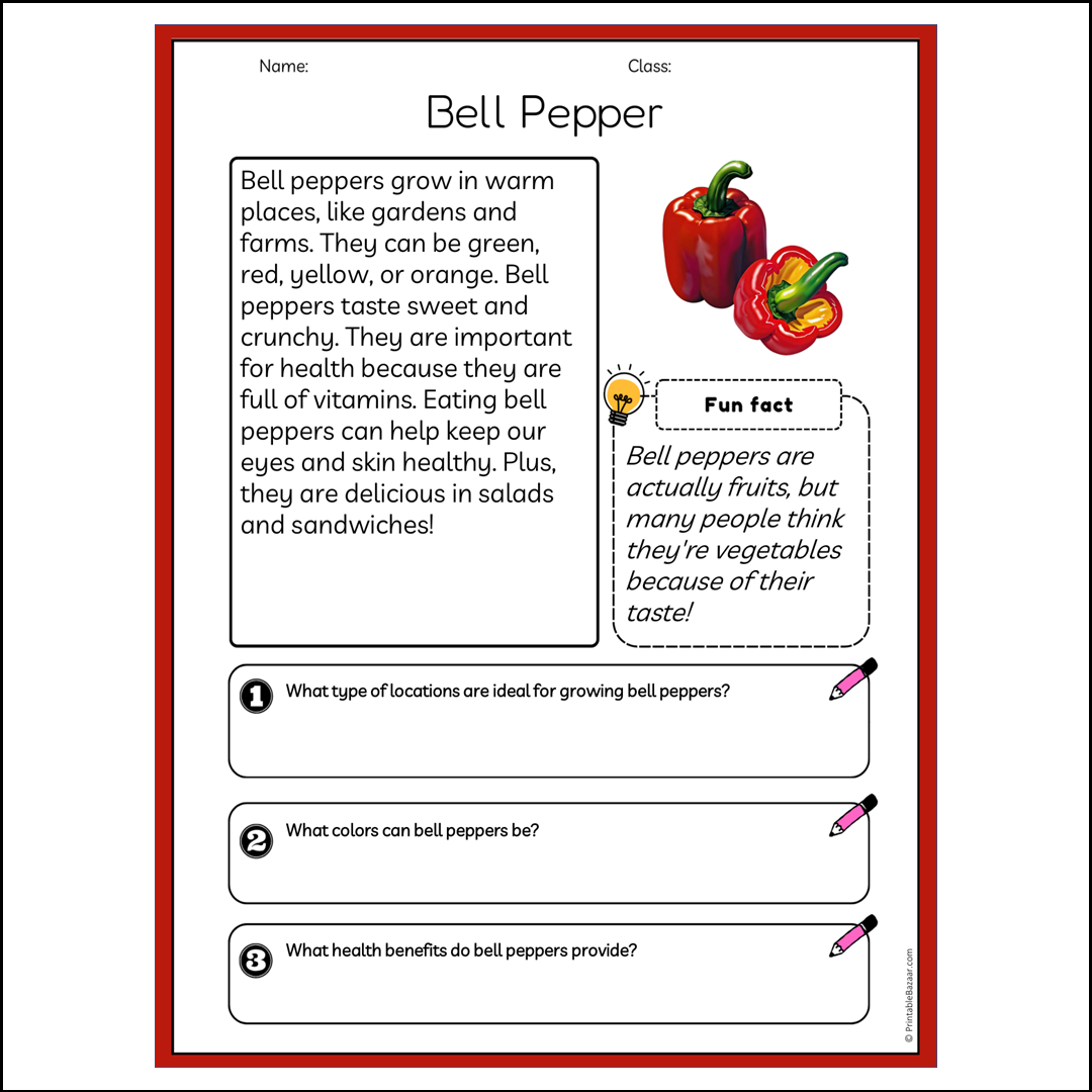 Bell Pepper | Reading Passage Comprehension Questions Writing Facts Worksheet