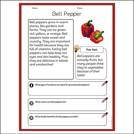 Bell Pepper | Reading Passage Comprehension Questions Writing Facts Worksheet