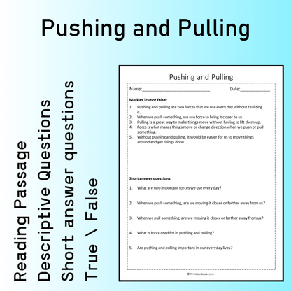 Pushing and Pulling | Reading Comprehension Passage Printable Worksheet