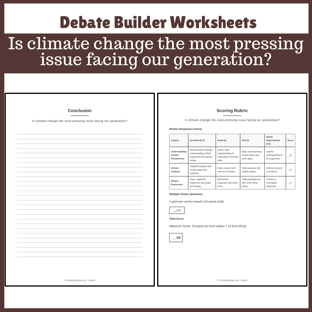 Is climate change the most pressing issue facing our generation? | Favour and Against Worksheet Printable Activity