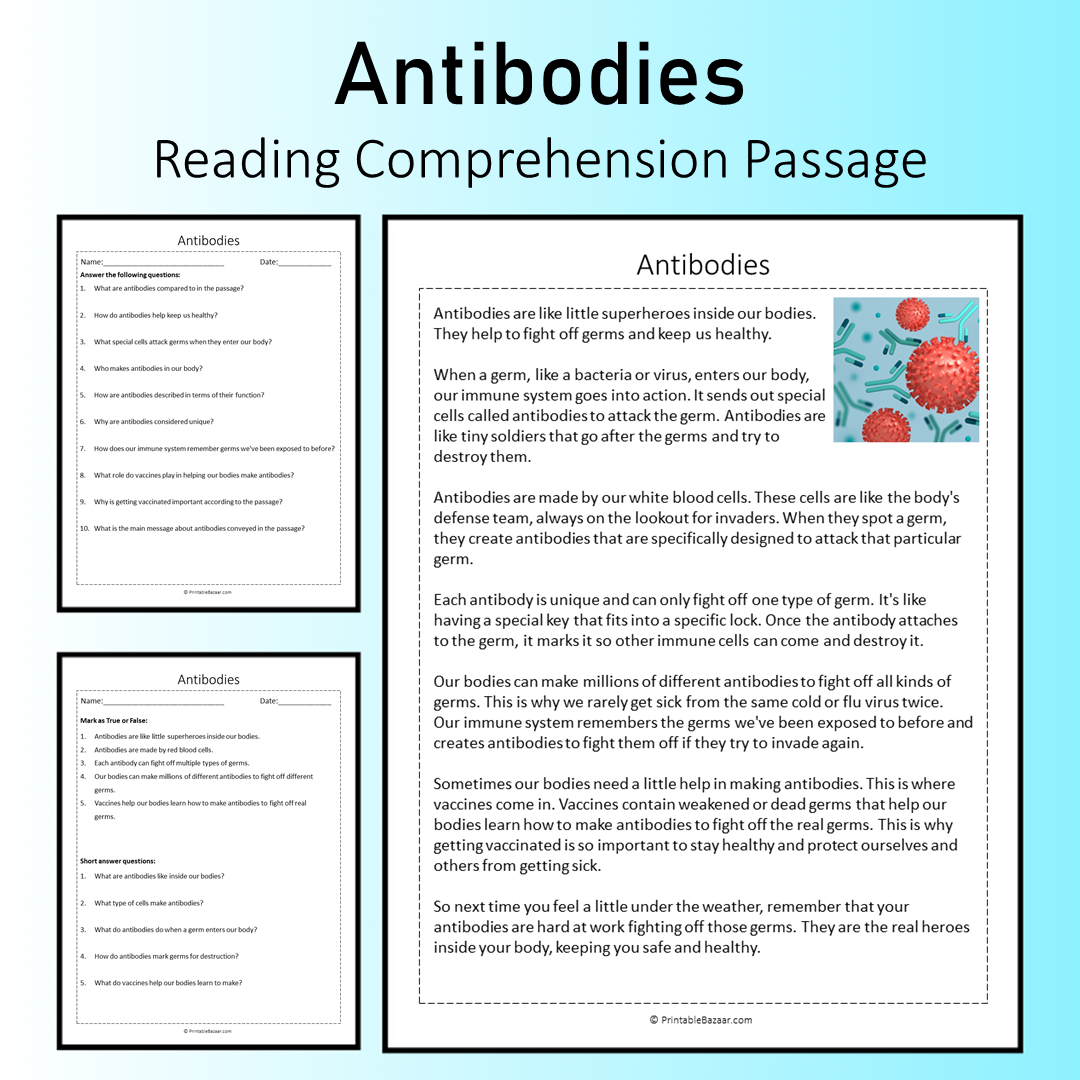 Antibodies | Reading Comprehension Passage Printable Worksheet
