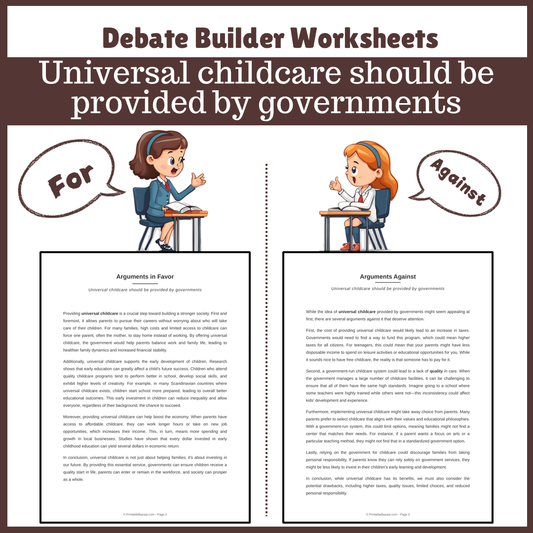 Universal childcare should be provided by governments | Favour and Against Worksheet Printable Activity