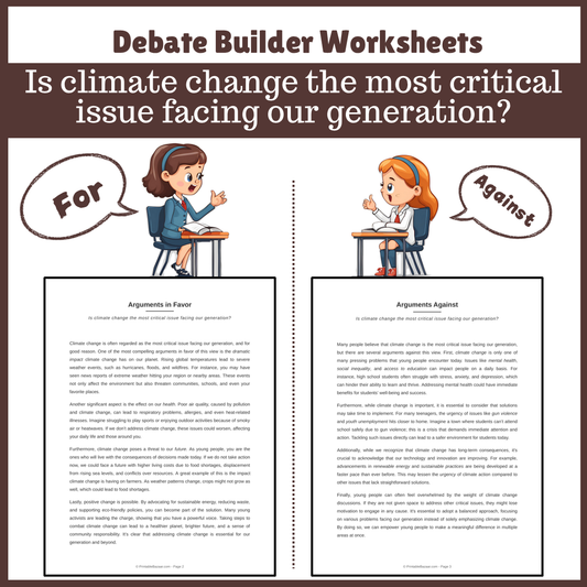 Is climate change the most critical issue facing our generation? | Favour and Against Worksheet Printable Activity