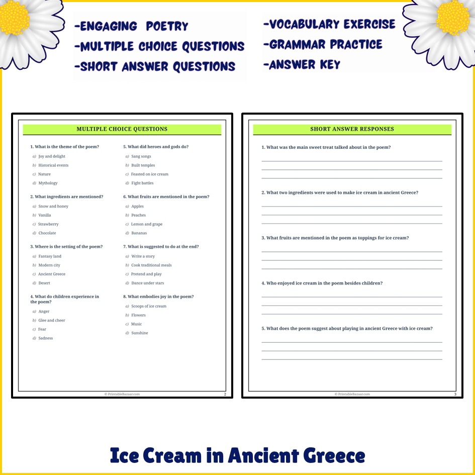 Ice Cream in Ancient Greece | Poem Grammar Worksheet Printable Activity