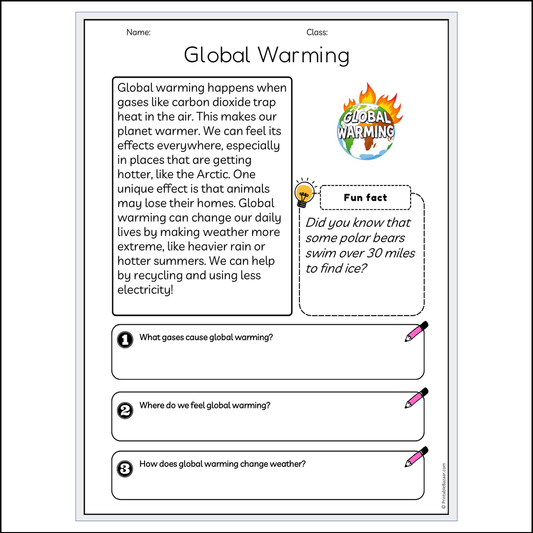 Global Warming | Reading Passage Comprehension Questions Writing Facts Worksheet