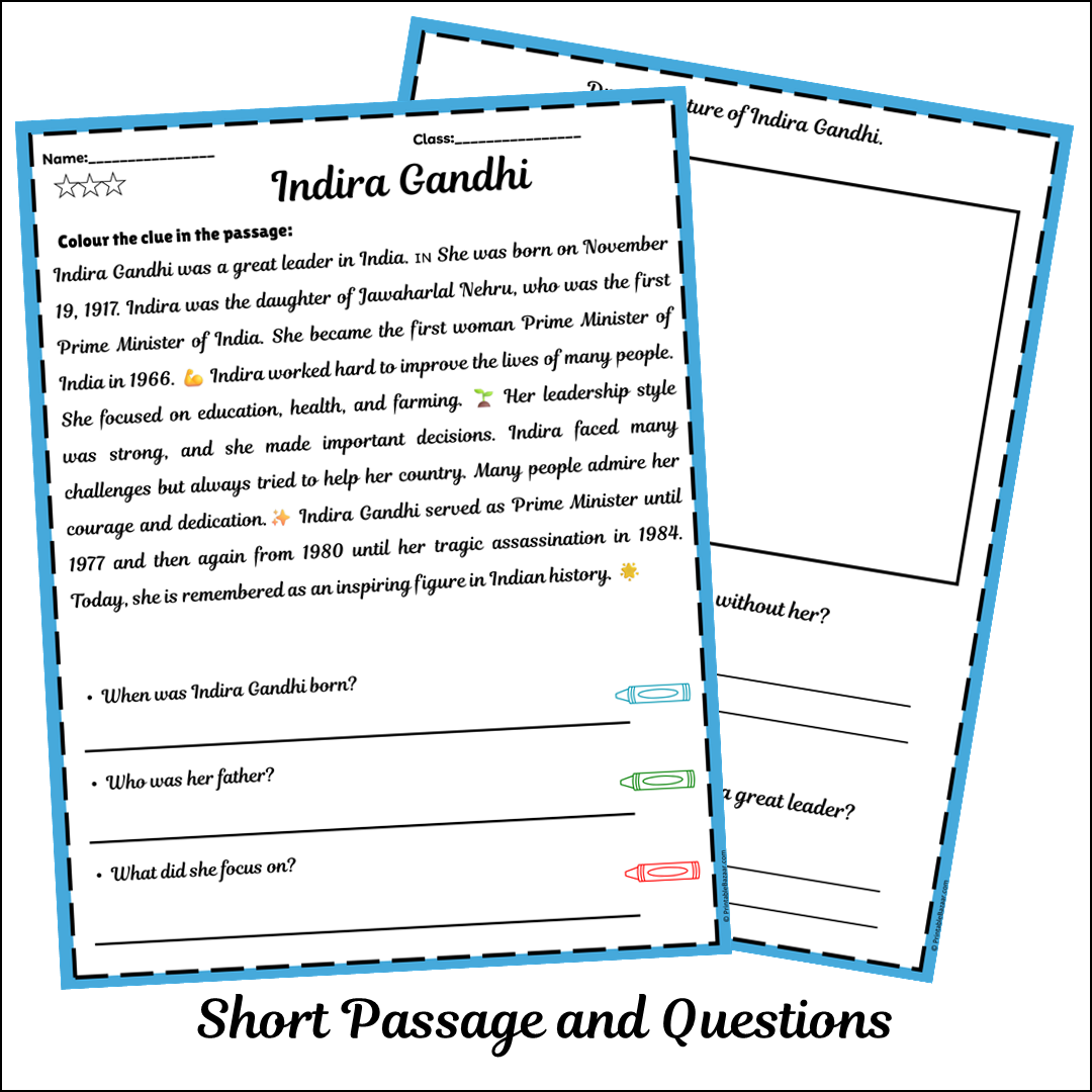 Indira Gandhi | Short Reading Comprehension Creative Worksheet