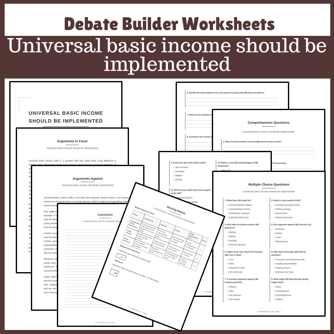 Universal basic income should be implemented | Favour and Against Worksheet Printable Activity