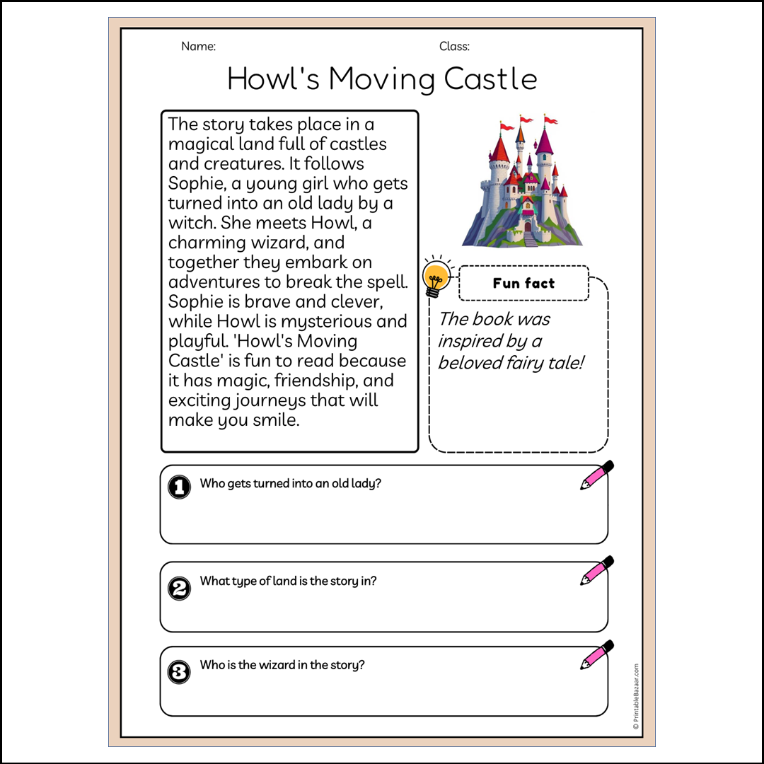 Howl's Moving Castle | Reading Passage Comprehension Questions Writing Facts Worksheet