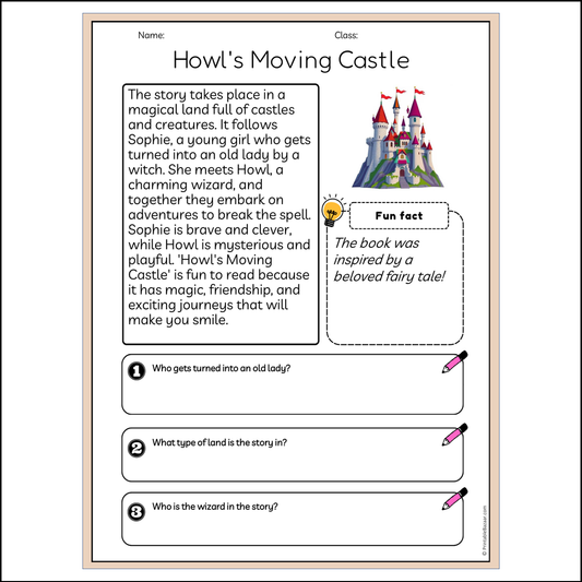 Howl's Moving Castle | Reading Passage Comprehension Questions Writing Facts Worksheet