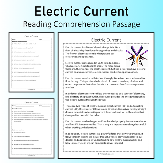 Electric Current | Reading Comprehension Passage Printable Worksheet