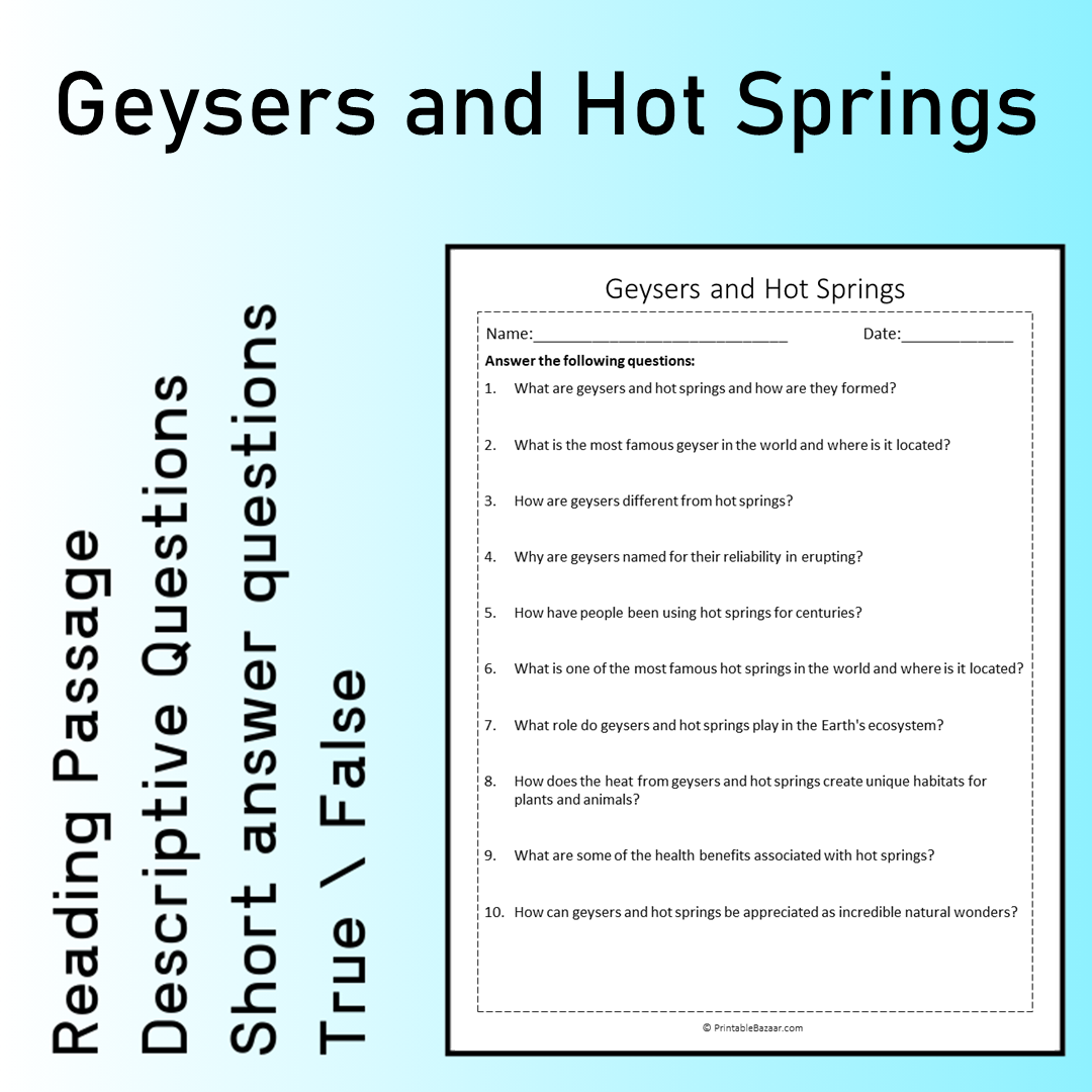 Geysers and Hot Springs | Reading Comprehension Passage Printable Worksheet