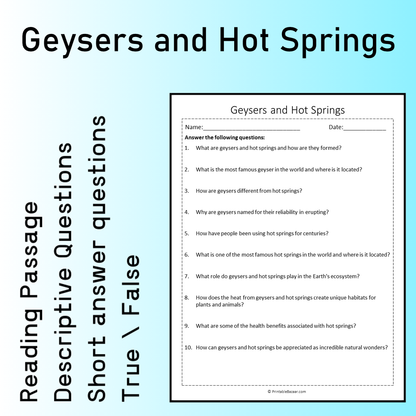 Geysers and Hot Springs | Reading Comprehension Passage Printable Worksheet