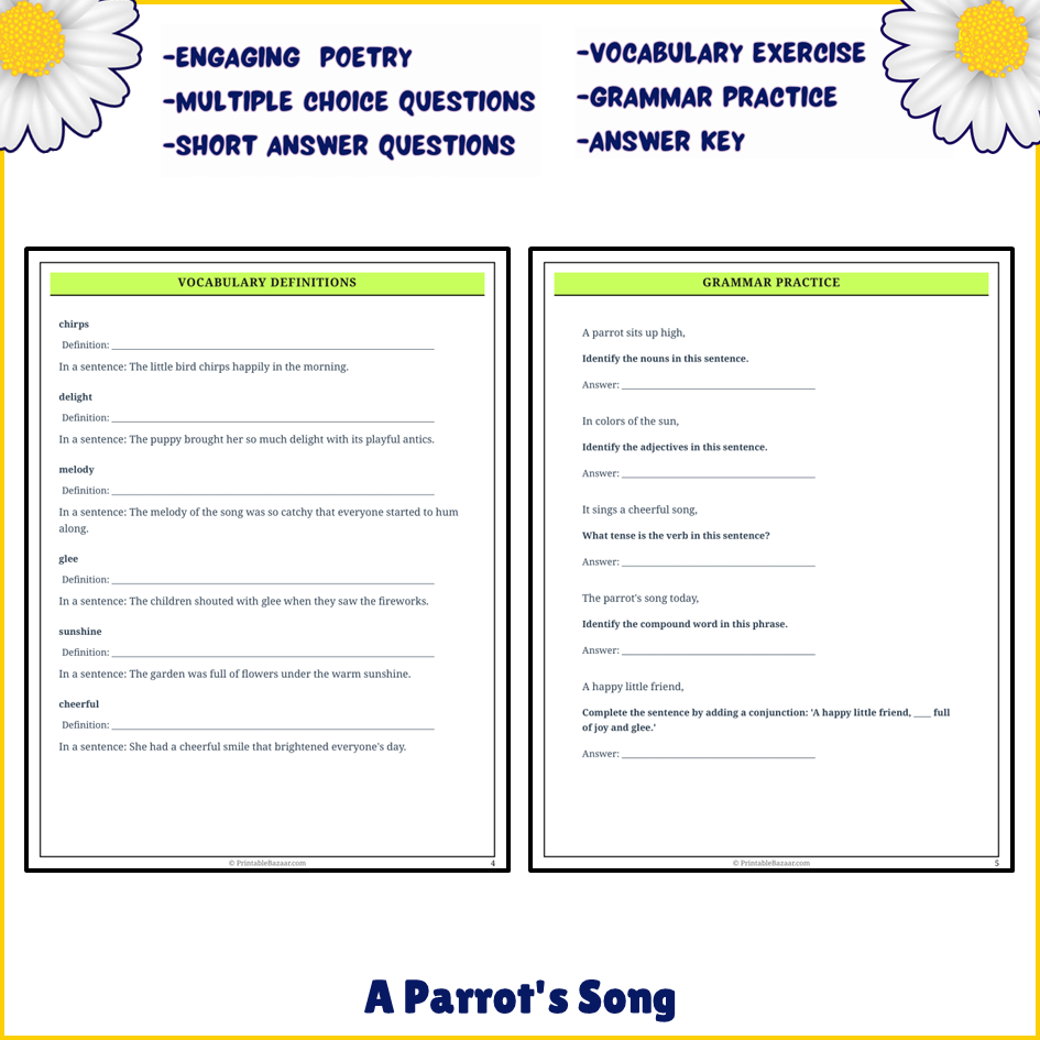 A Parrot's Song | Poem Grammar Worksheet Printable Activity