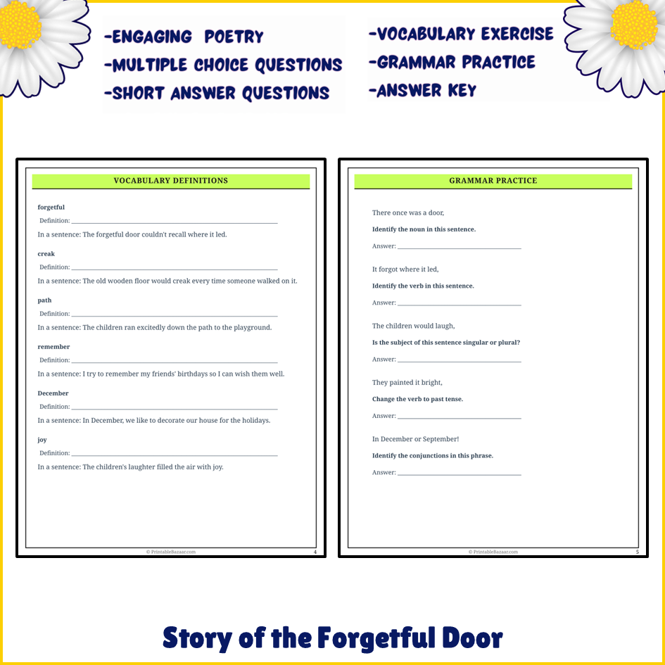 Story of the Forgetful Door | Poem Grammar Worksheet Printable Activity