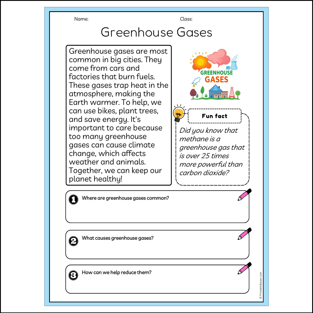 Greenhouse Gases | Reading Passage Comprehension Questions Writing Facts Worksheet