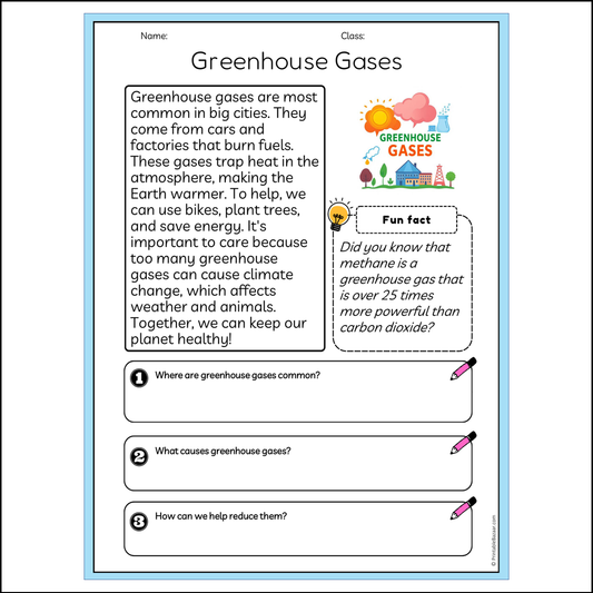 Greenhouse Gases | Reading Passage Comprehension Questions Writing Facts Worksheet