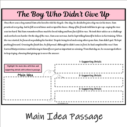 The Boy Who Didn’t Give Up | Main Idea and Supporting Details Reading Passage and Questions