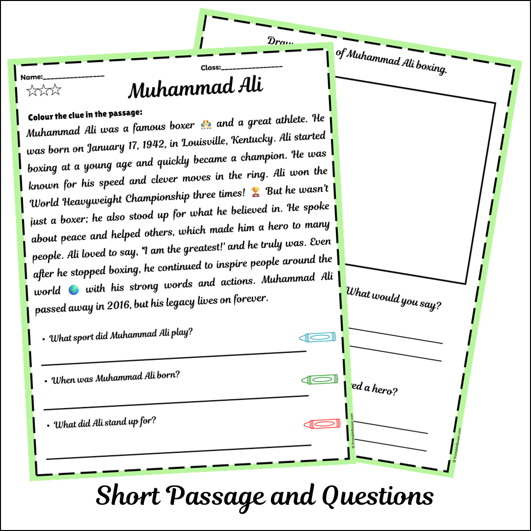 Muhammad Ali | Short Reading Comprehension Creative Worksheet