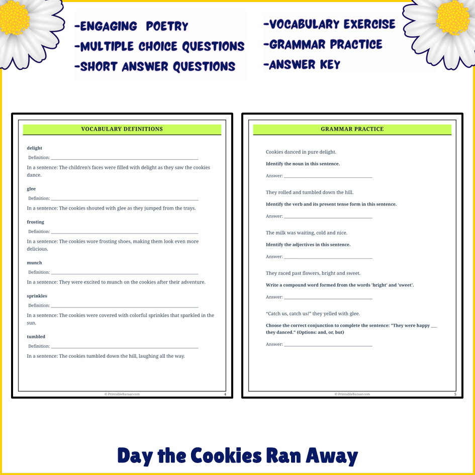 Day the Cookies Ran Away | Poem Grammar Worksheet Printable Activity