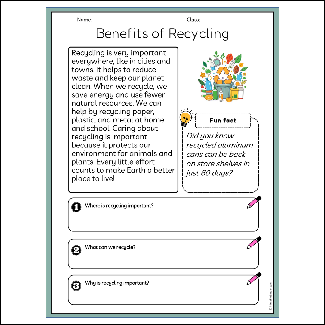 Benefits of Recycling | Reading Passage Comprehension Questions Writing Facts Worksheet