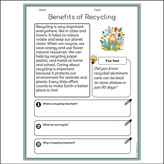 Benefits of Recycling | Reading Passage Comprehension Questions Writing Facts Worksheet