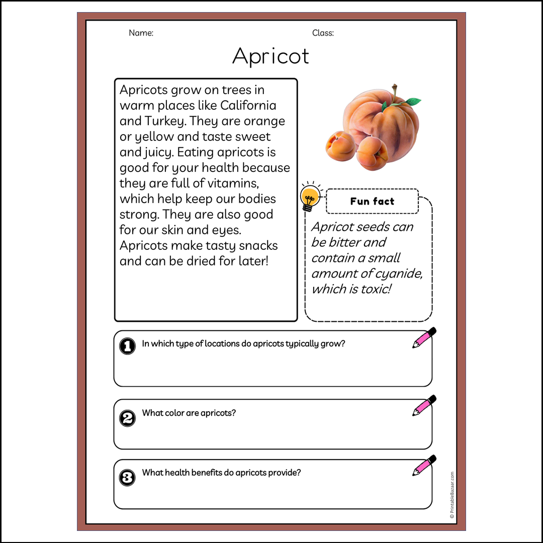 Apricot | Reading Passage Comprehension Questions Writing Facts Worksheet