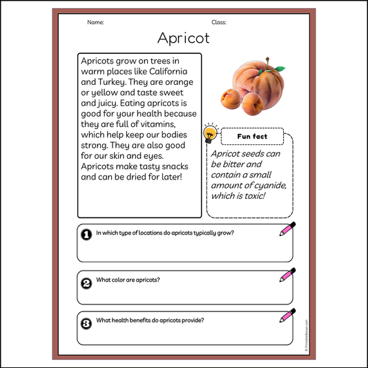 Apricot | Reading Passage Comprehension Questions Writing Facts Worksheet