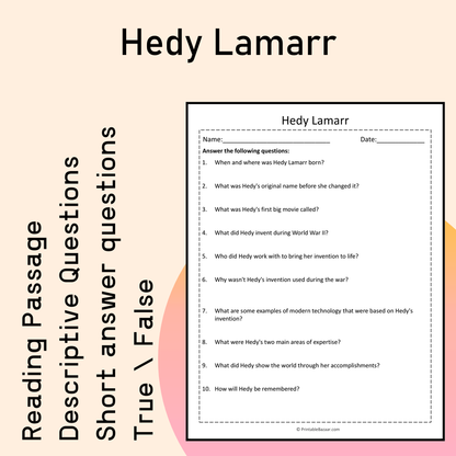 Hedy Lamarr | Reading Comprehension Passage Printable Activity