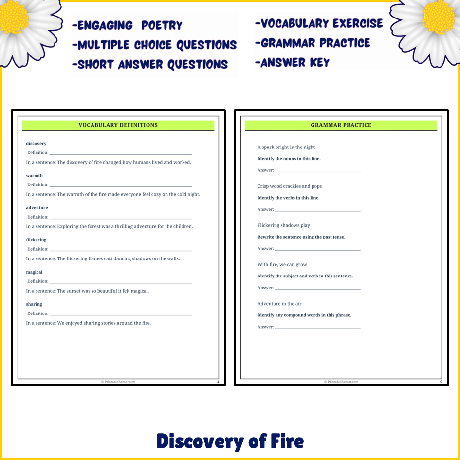 Discovery of Fire | Poem Grammar Worksheet Printable Activity