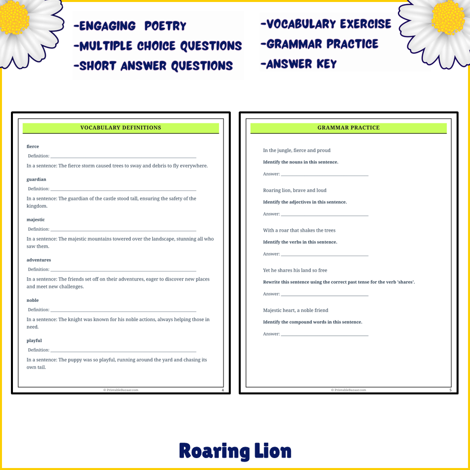 Roaring Lion | Poem Grammar Worksheet Printable Activity