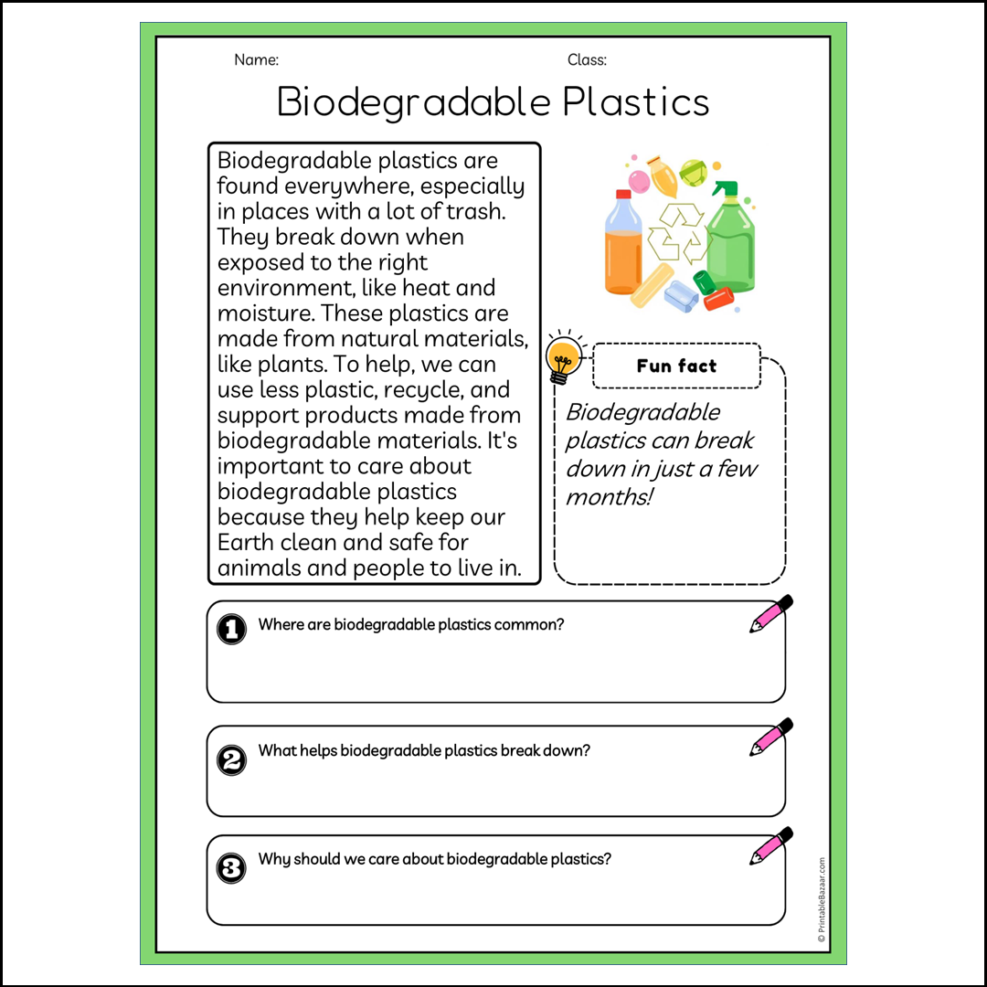 Biodegradable Plastics | Reading Passage Comprehension Questions Writing Facts Worksheet