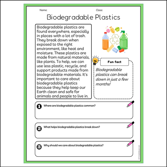 Biodegradable Plastics | Reading Passage Comprehension Questions Writing Facts Worksheet