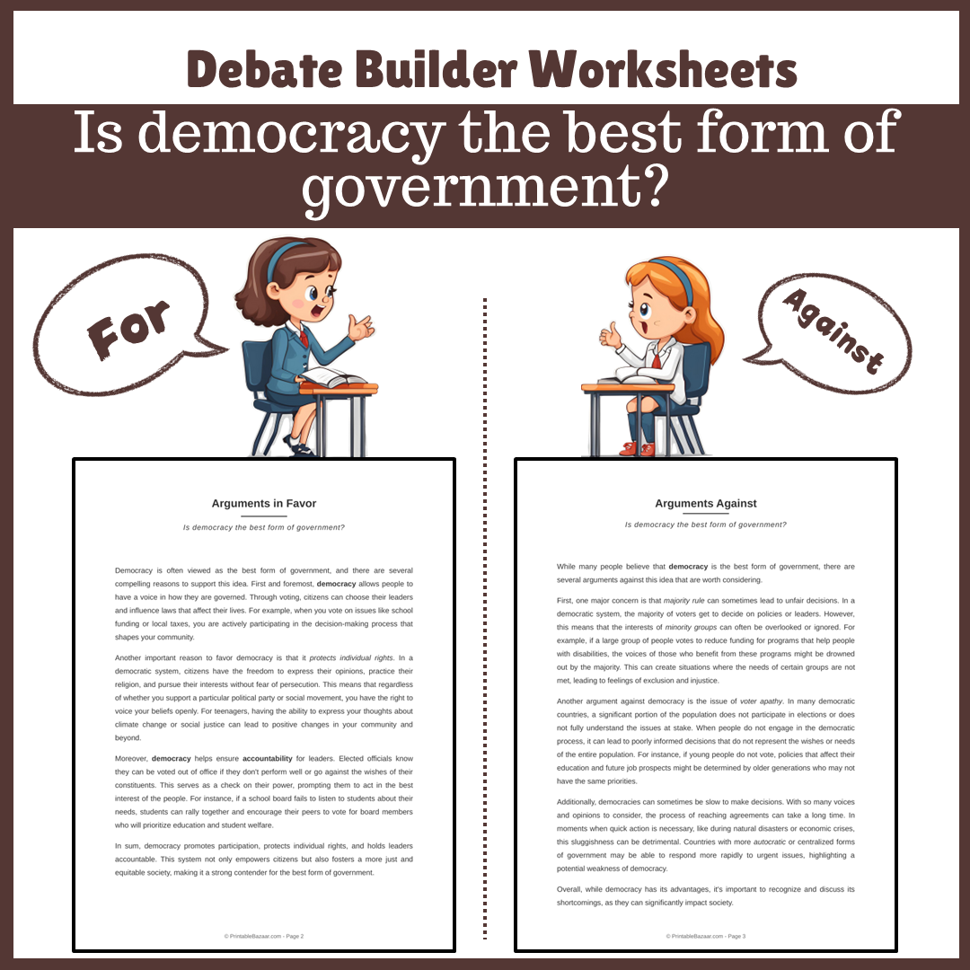 Is democracy the best form of government? | Favour and Against Worksheet Printable Activity