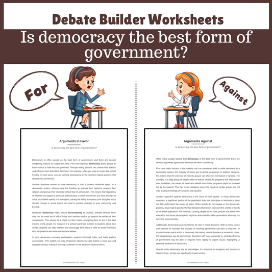 Is democracy the best form of government? | Favour and Against Worksheet Printable Activity