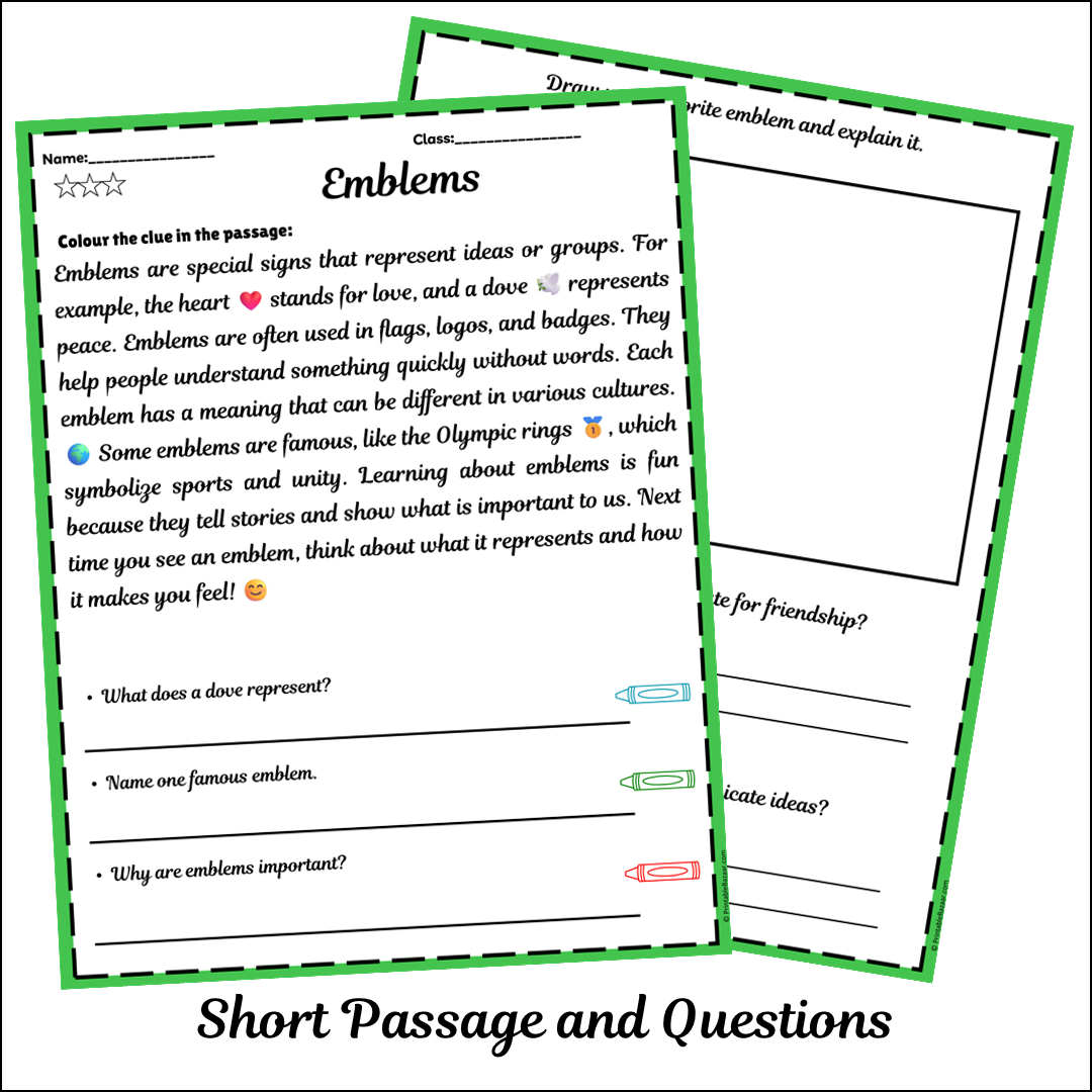 Emblems | Short Reading Comprehension Creative Worksheet