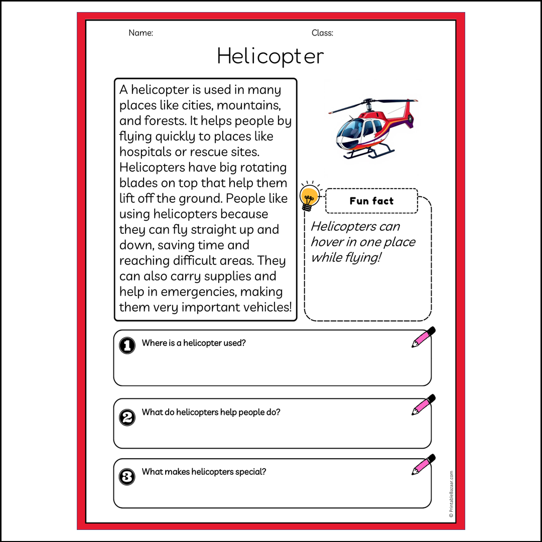 Helicopter | Reading Passage Comprehension Questions Writing Facts Worksheet