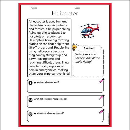 Helicopter | Reading Passage Comprehension Questions Writing Facts Worksheet