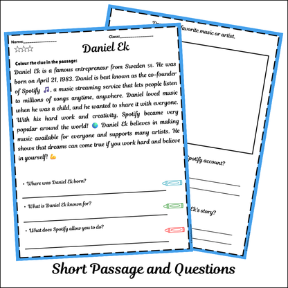 Daniel Ek | Short Reading Comprehension Creative Worksheet