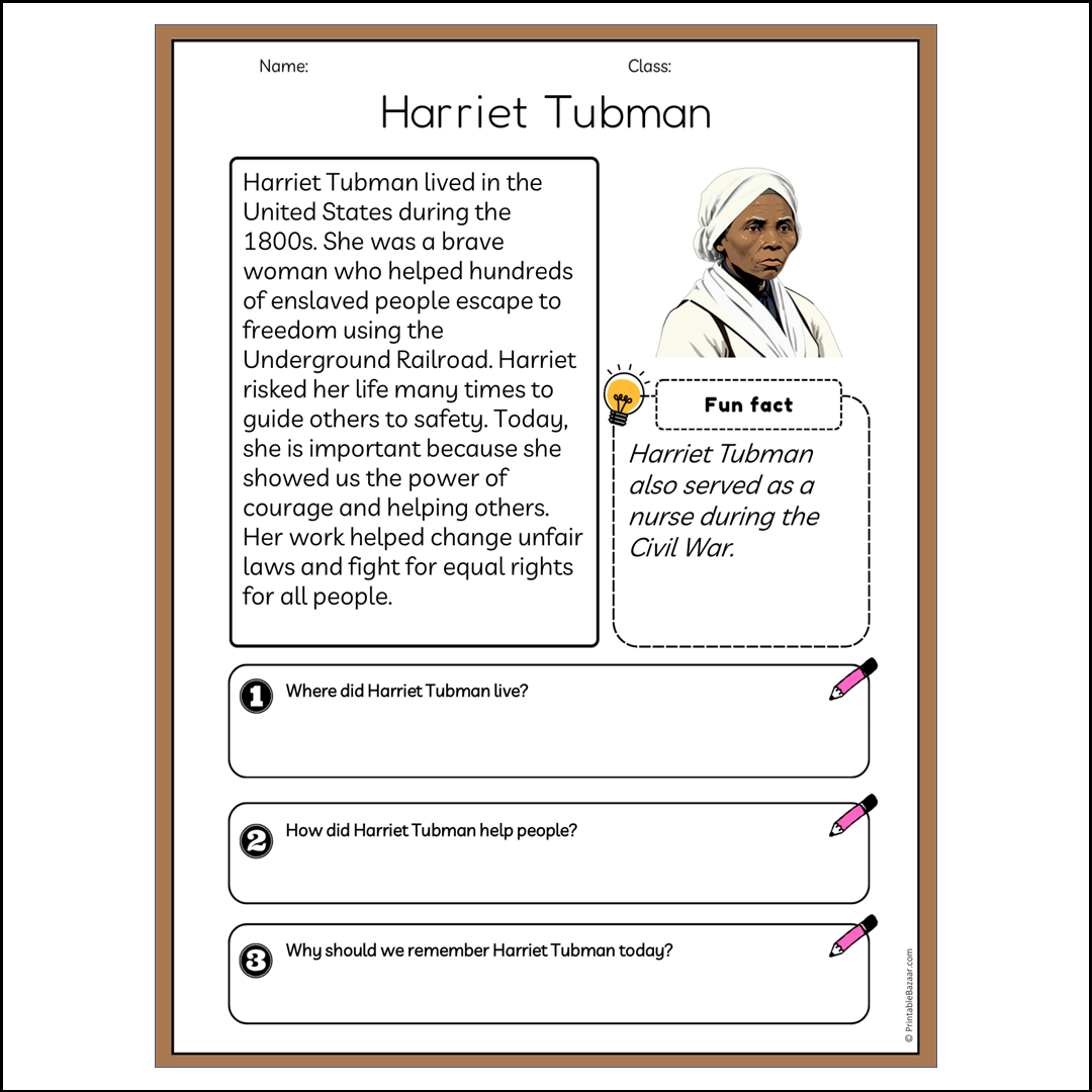 Harriet Tubman | Reading Passage Comprehension Questions Writing Facts Worksheet