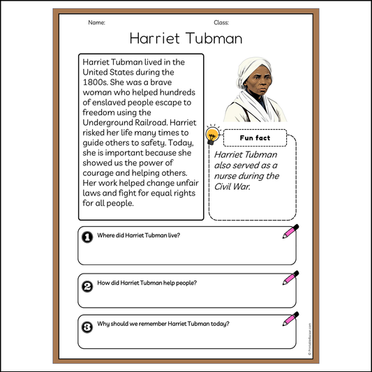 Harriet Tubman | Reading Passage Comprehension Questions Writing Facts Worksheet